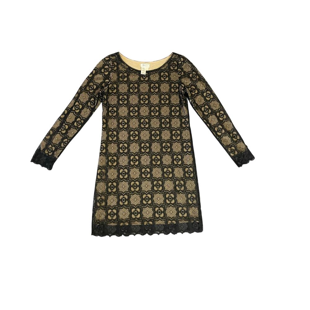 Max Studio Black Lace Nude Long Sleeve Dress Size Large LBD Sexy Chic Glam Y2K